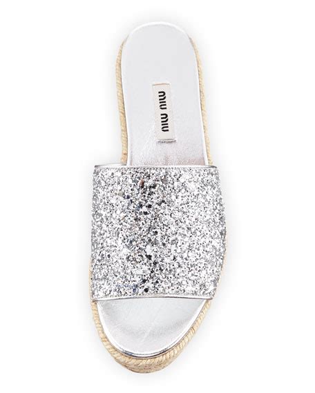 miu miu glitter platform espadrilles|Miu Miu Glitter Platform Espadrille Slide Sandal, Argento.